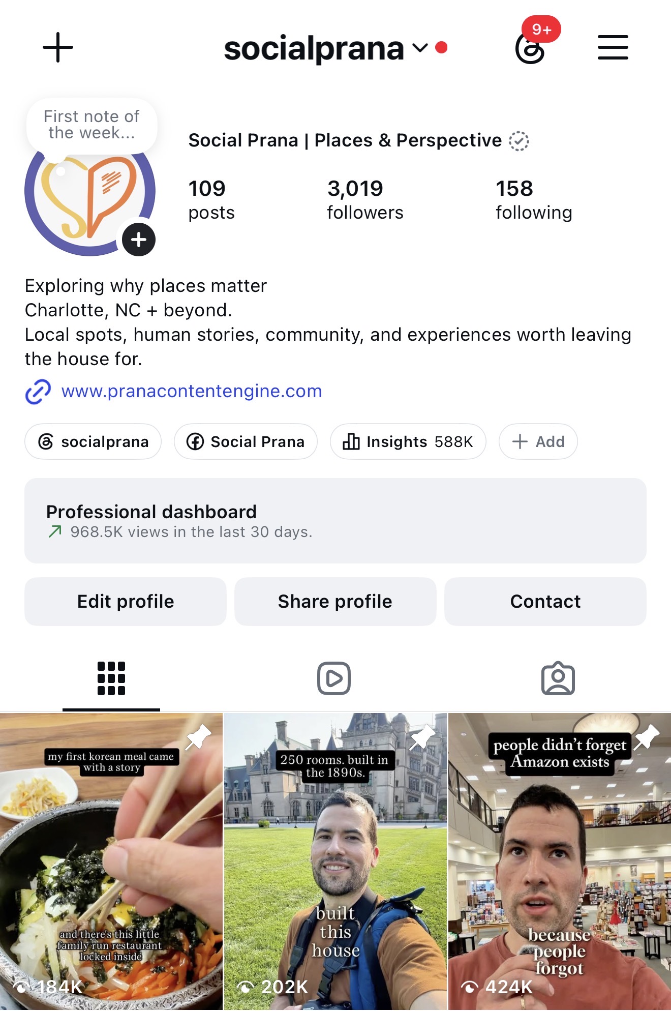 Social Prana Instagram profile showing 3,019 followers and 968.5K views in the last 30 days