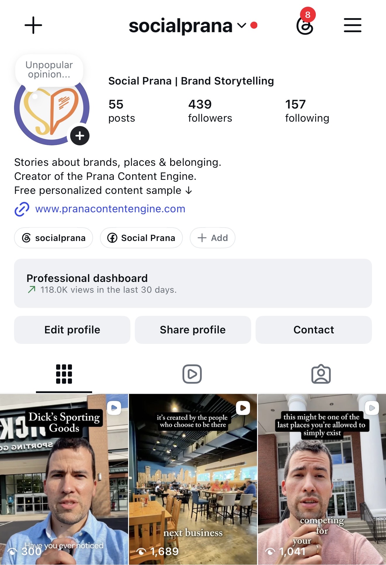 Social Prana Month 1 Instagram profile showing 439 followers and 118K views in the last 30 days